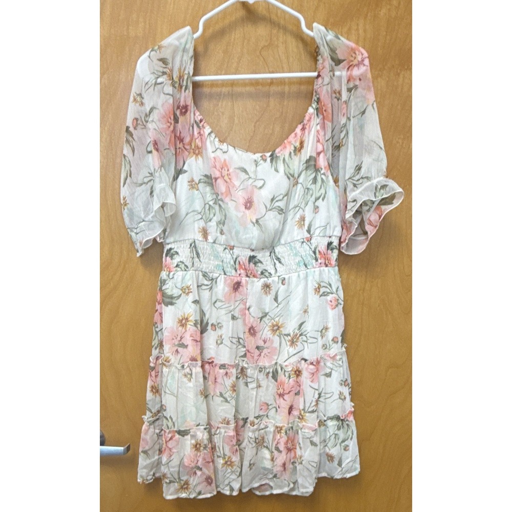 Indulge Women's Floral Smocked Puff Sleeve Ruffle Mini Dress XL White Pink NWT - Picture 7 of 10